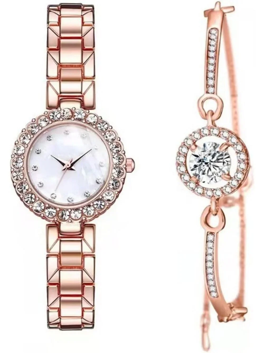 Women's Rose Gold Analog Quartz Classic Alloy Strap Crystal Bracelet Set Watch